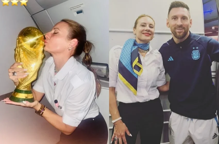  Una obereña en el avión de la Selección: fue azafata del vuelo y besó la copa del mundo
