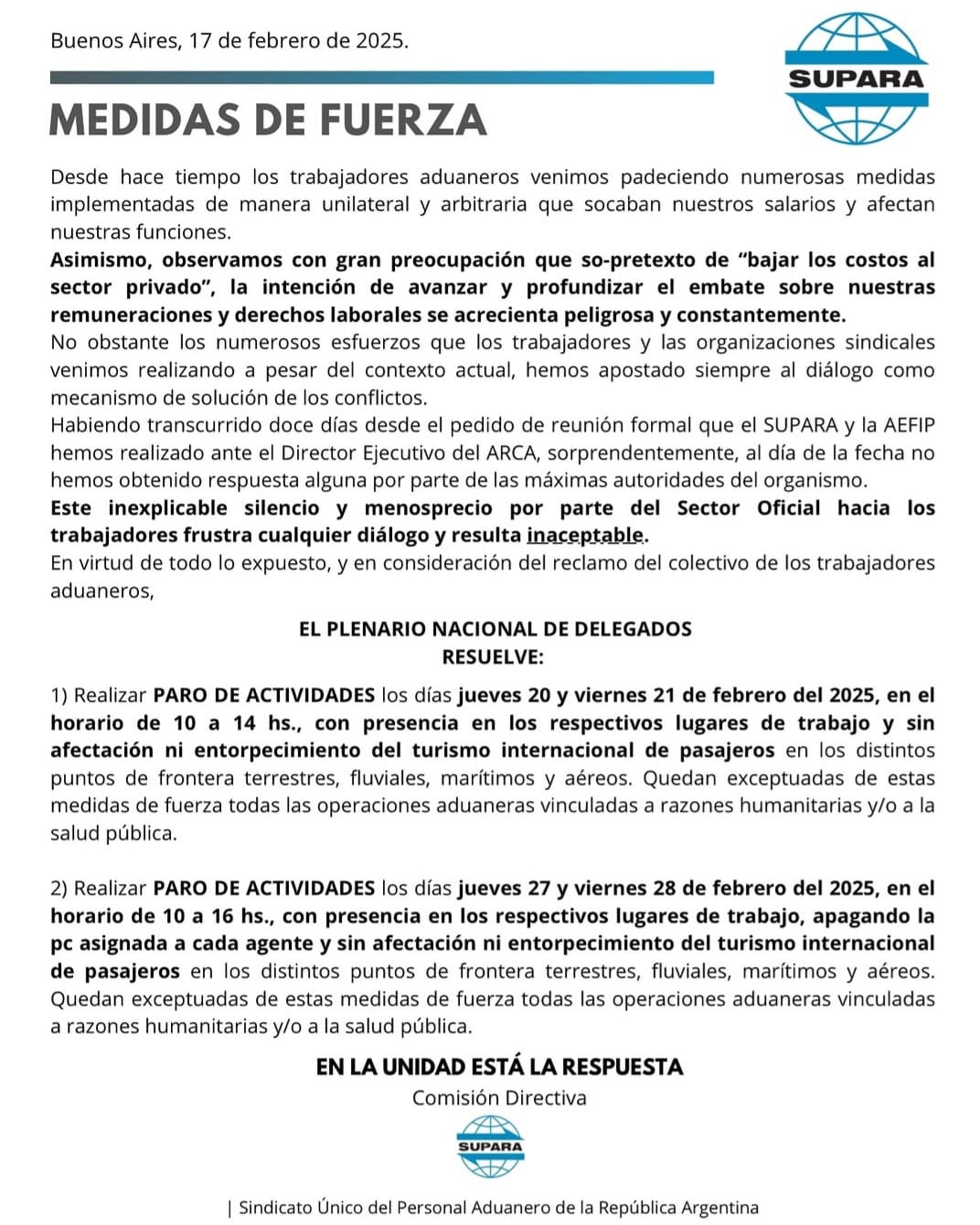 Trabajadores aduaneros cesarán actividades los días 20, 21, 27 y 28 de febrero imagen-8