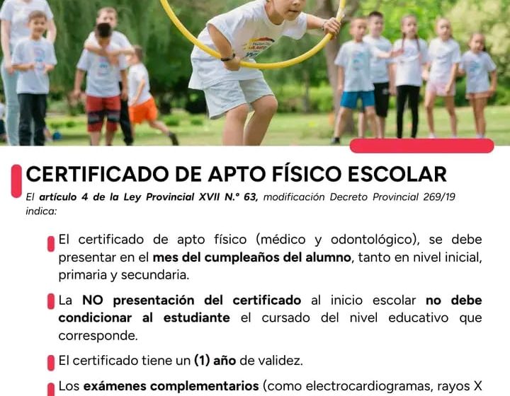  Salud Pública recuerda la vigencia del Decreto Provincial 269/19 para la obtención del apto físico escolar