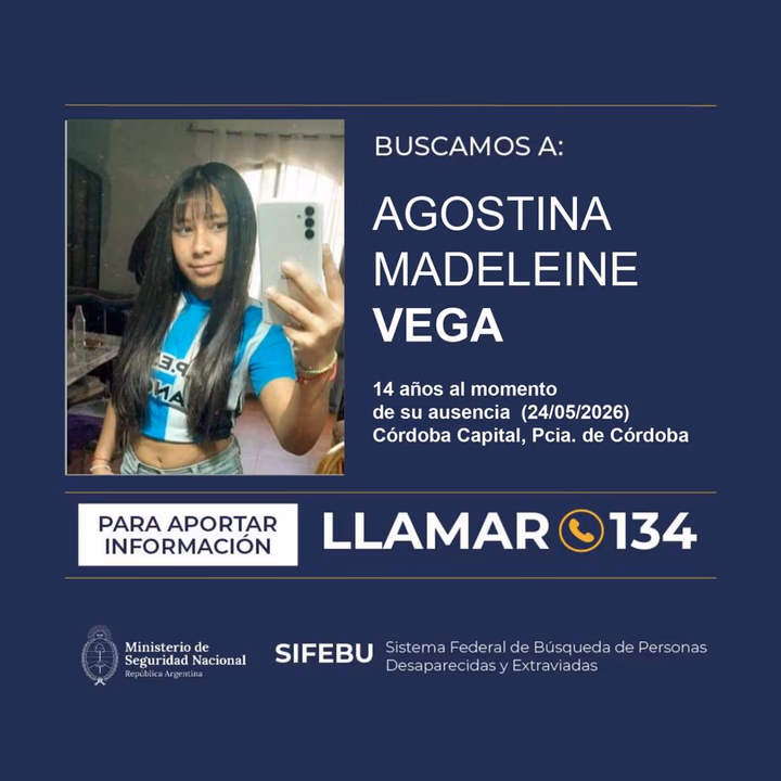  Activan Alerta Sofía para dar con el paradero de Agostina Vega en Córdoba