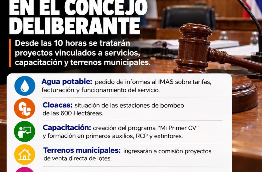  CONCEJO DELIBERANTE: AGUA POTABLE, CLOACAS Y VENTA DE TERRENOS MUNICIPALES EN LA AGENDA DEL JUEVES