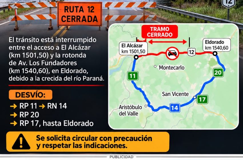  URGENTE: CORTE TOTAL DE LA RUTA NACIONAL 12 POR LA CRECIDA DEL RÍO PARANÁ