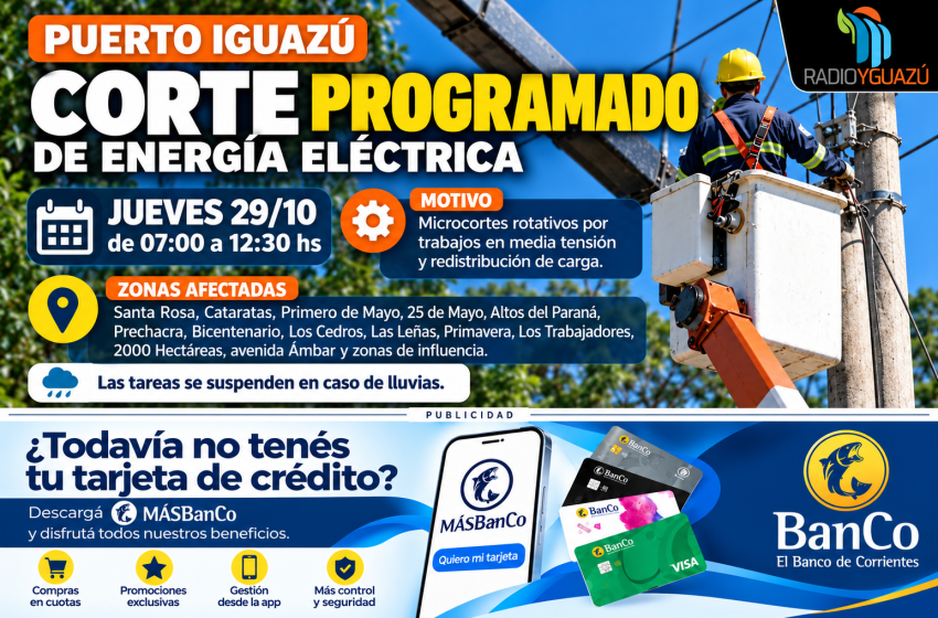  Puerto Iguazú: anuncian cortes rotativos de energía eléctrica para este jueves 29 de octubre