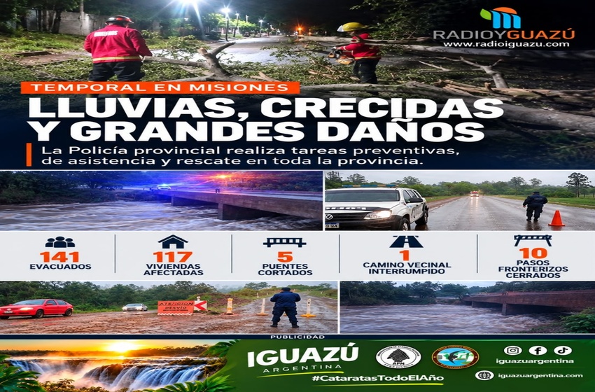  Temporal en Misiones: 141 evacuados, 117 viviendas afectadas y cinco puentes cortados
